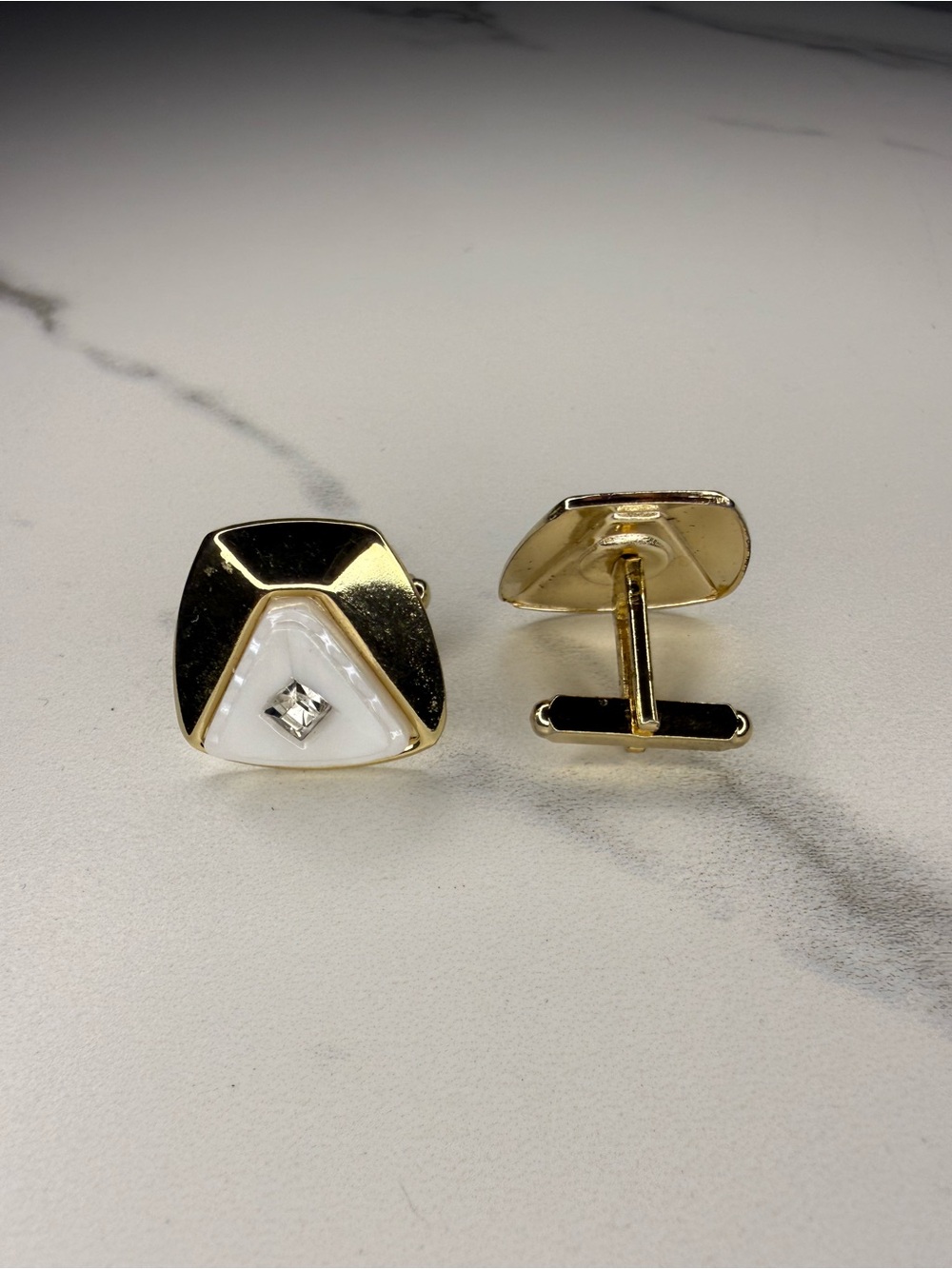 Gold Tone and White Men’s Cufflinks with Crystal Accent